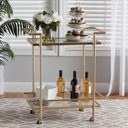 BAXTON STUDIO Louise Contemporary Glam and Luxe Gold Metal and White Marble 2Tier Wine Cart 222-12528-ZORO